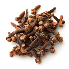 Fototapeta premium Aromatic brown cloves, a dry spice heap isolated on white, used as a cooking ingredient