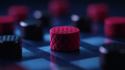 Close-up of a textured red game piece on a dark blue board, other pieces blurred in background.  Shows strategic game play, focus, and competition