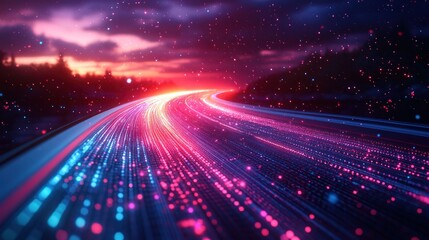 Obraz premium Glowing digital highway at sunset.