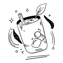 Black outline sketch design cocktail with fruit. Summer festival and party vibe. Cocktails shaker, glass and straw. Juicy drink 