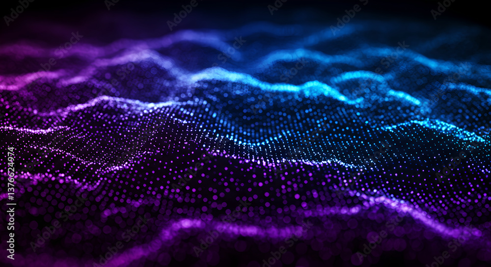 Poster abstract flowing data points wave motion background in glowing blue and purple color gradient for te