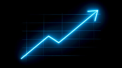A neon blue line chart depicts a positive growth trend with peaks and troughs, showcasing data increases over time, emphasized against a dark background.