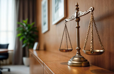 Justice scales balanced on a wooden desk in a law office interior during daylight hours
