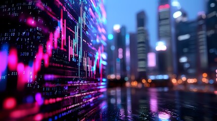 Financial data visualization with glowing pink charts overlaid on blurred urban nighttime cityscape showing modern skyscrapers and reflective streets in neon colors.