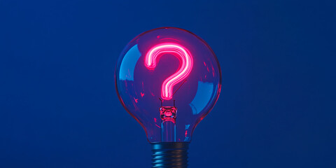 Glass lightbulb on blue background, showcasing a neon pink question mark inside, symbolizing inquiry, uncertainty, or problem-solving