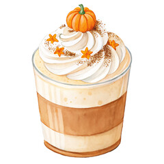Pumpkin spice latte decorated sugar miniature pumpkin. Isolated watercolor food illustration.