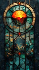 Stained Glass Window of Vibrant Sunset Over Mountains with Blue and Green Patterns

