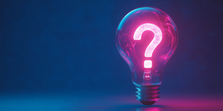 Glass bulb with pink question mark inside, set against a dark blue background, showcasing curiosity, inquiry, and the search for answers