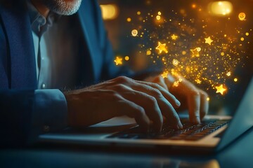 Mature Man Typing on Laptop Keyboard with Animated Golden Sparkles and Stars