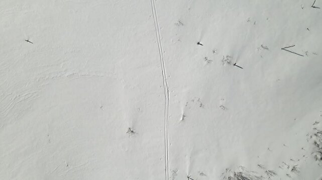 Drone clip looking down at cross-country ski trail rising straight up to reveal the snowy landscape
