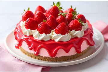 A Strawberry Cheesecake with Whipped Cream and Fresh Strawberries