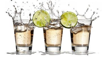 Three shot glasses with lime slices and liquid splashing around them transparent background