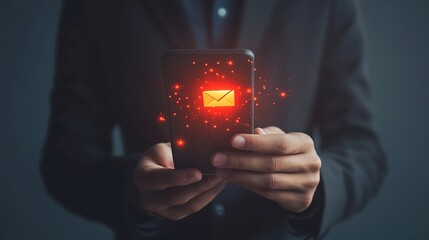 Person Holding Smartphone with Glowing Email Icon and Red Particle Effects Around
