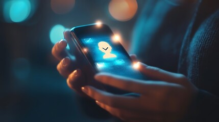 Person Holds Glowing Smartphone with Profile Icon and Messages in Blue Lighting