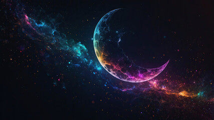 Obraz premium Colorful cosmic landscape with a crescent moon and vibrant galaxies in a dark space background