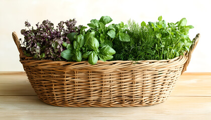 Naklejka premium Various fresh herbs in basket on wooden table, space for text
