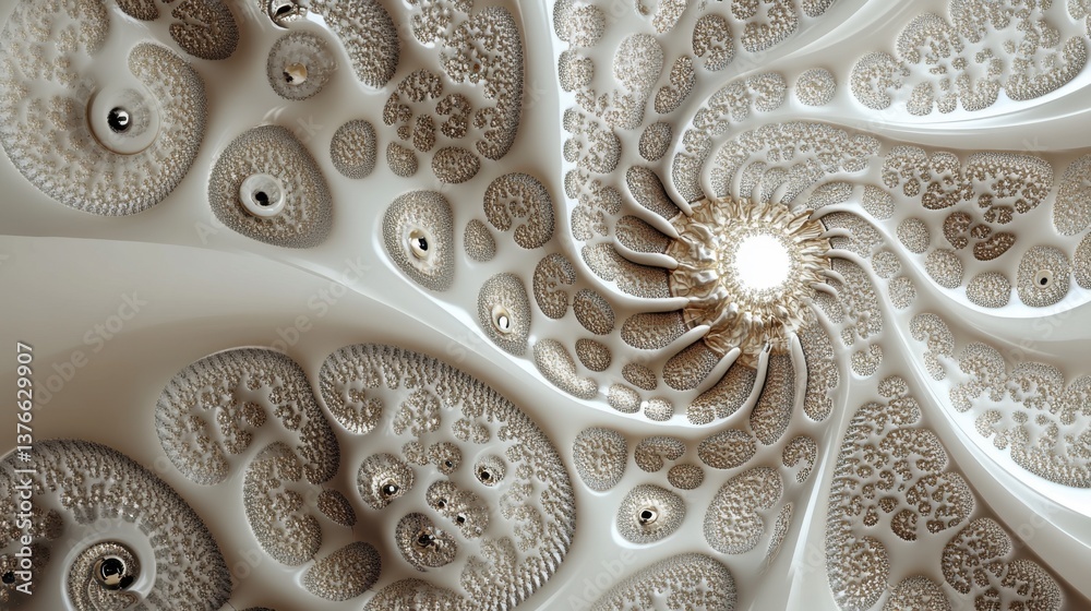 Fototapete a complex fractal pattern with a central glowing core and spiral elements, rendered in light tones, 
