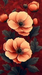 Peach-Colored Flowers with Dark Centers on Rich Red Background

