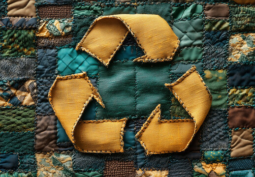 Creative recycling symbol crafted from fabric on a patchwork quilt showcasing eco-friendly artistry and craftsmanship at a sustainable event