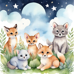 Fototapeta premium Adorable watercolor baby animals