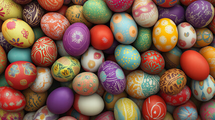 Colorful Easter eggs with intricate hand-painted designs, traditional decorative patterns, festive holiday background, vibrant and detailed close-up, spring celebration, religious and cultural symboli