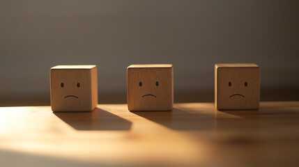 Three wooden cubes with sad faces sit on a table, illuminated by sunlight, symbolizing low customer satisfaction or negative feedback