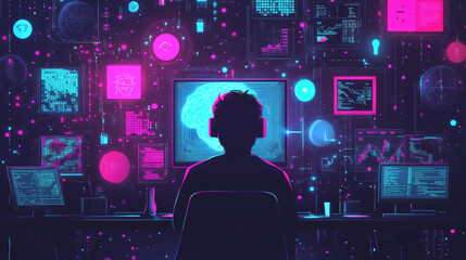 Cyber artificial intelligence. Brain, mind, neural network, deep learning. Globalization of big data. 3D illustration of internet technologies in scientific research