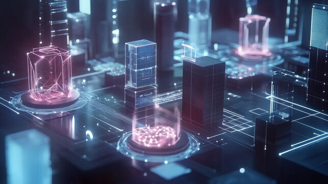 Artificial intelligence and wireless technology. Global digital network. Internet data security. 3d illustration of polygonal objects with elements of HUD