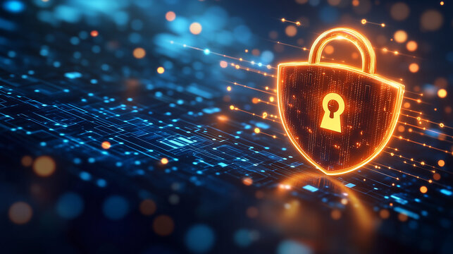 Digital security concepts highlighted with a glowing padlock symbol amidst a matrix of binary data and light trails