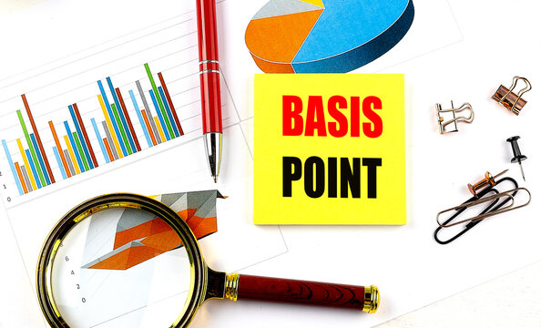 Basis point phrase on yellow paper surrounded by financial charts, red pen, magnifying glass