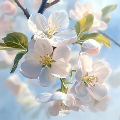 Obraz premium Delicate apple blossoms create a serene atmosphere in a realistic digital painting focusing on floral beauty and tranquility Generative AI