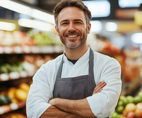 Portrait of a smiling male grocery store owner standing behind the counter in his shop