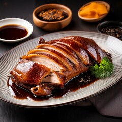 Crispy Peking duck, golden-brown skin, tender meat, glazed with rich hoisin sauce, savory aroma