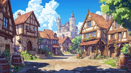 Obraz premium Charming medieval fantasy village with half-timbered houses, flower-filled balconies, and a castle under blue skies. Great for fantasy books, games, and animation scenes