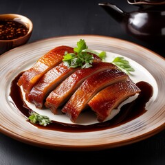 Crispy Peking duck, golden-brown skin, tender meat, glazed with rich hoisin sauce, savory aroma