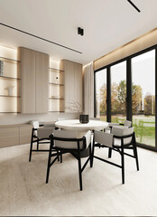 Luxury dinning area interior with wooden floor, white walls with window, hanging unique lamp on table, panoramic windows, big table. 3D Illustrations.