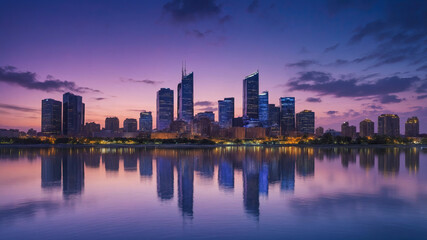 Obraz premium City skyline reflects in tranquil waters at dusk, showcasing modern architecture and vibrant colors