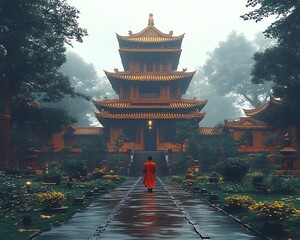 Monk Walking to Pagoda in Mist.