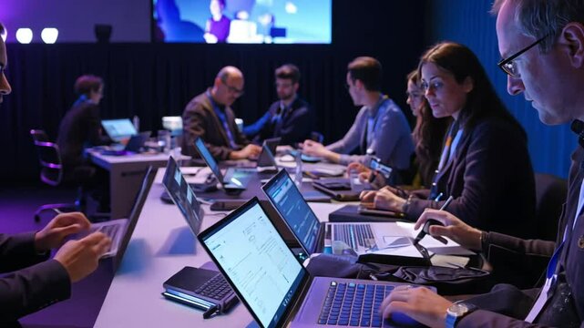 Diverse professionals collaborating at a technology conference, typing on laptops