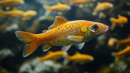 Goldfish swimming in aquarium with detailed scales and fins, vibrant orange color against blurred school of fish background