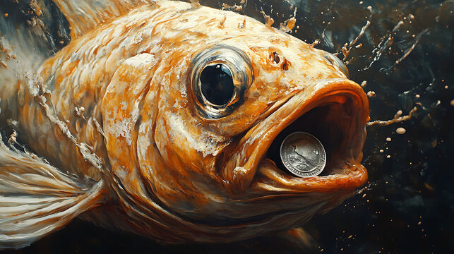 Ultra-close artistic shot showing a silver coin locked in the bite of a fish, illuminated with focused natural light, intense photorealismHighly detailed, cinematic composition,