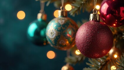 Fototapeta premium Colorful Christmas ornaments hung on a wall behind a glass ball , seasonal decor , winter