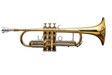 Obraz premium Polished gold trumpet isolated on white background, professional brass musical instrument, shiny metallic wind instrument for jazz and classical music