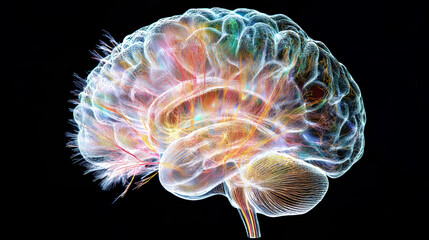 Obraz premium Brainstorm. Human brain 3D illustration. Contrast scan, X-ray, electrical impulse, mind and neural connections. Fresh, clean medical background