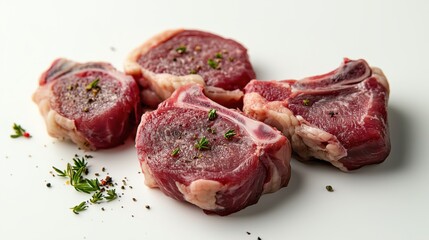 Raw lamb chops seasoned with herbs and pepper on white background