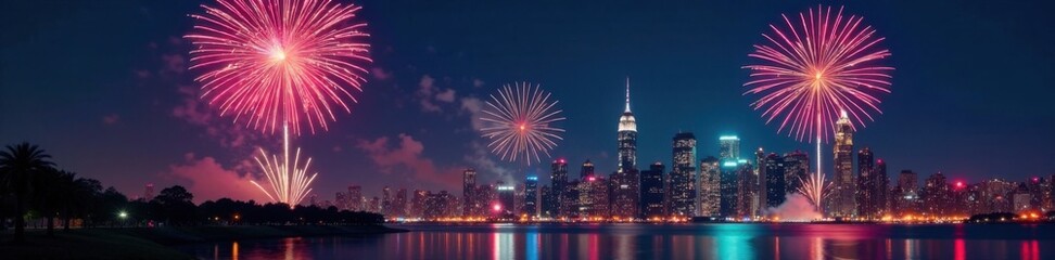 Obraz premium Colorful Firework Burst Over Cityscape at Night , night light, fireworks, cityscape