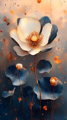 Elegant White and Blue Flowers with Golden Centers on Gradient Background

