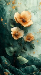 
Peach-Colored Flowers Blooming on Textured Green Background

