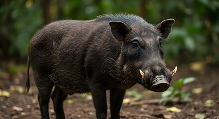 Observing a Visayan Warty Pig Standing in Forest with its Tusks