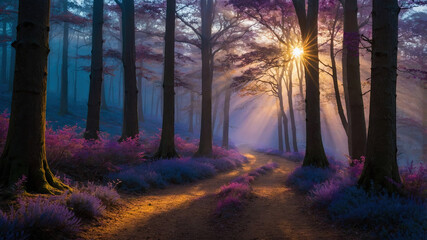 Fototapeta premium Sunlight filtering through trees in a misty forest with purple flowers during early morning hours